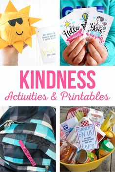 the words kindness activities and printables are in front of pictures of children's items