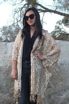 Light Gold Round Sequin Caftan Kimono Party Top Duster One size Oversized Kimono, Sequin Kimono, Shrug Cardigan, Kimono Sleeves, Boho Tunics, Gold Sequins, Gold Sequin, Party Tops, Kimono Sleeve