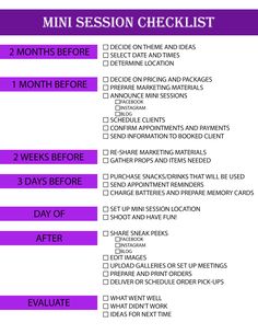 a purple checklist with the words'mini session checklist'in white letters