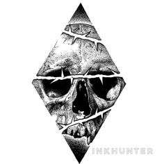 a black and white drawing of a skull in the shape of a diamond with torn edges