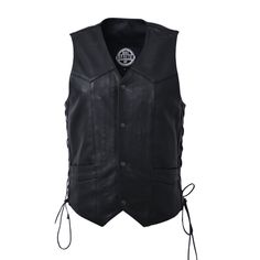 This leather outerwear boasts a western style with V-neck. It includes a side licing and various pockets. It’s also less expensive than a comparable down vest and noticeably lower-profile - affordable option for all. Features: 1-1.2mm Drum Dyed Naked Cowhide Classic four snap closure Interior cellphone pocket on left hand side Mesh lining with easy access panels for patches and embroideries Single back panel Two horizontal pockets Two concealed carry pockets with bullet snaps and tapered holster Motorcycle Leather Vest, Access Panels, Leather Outerwear, Motorcycle Leather, Down Vest, Leather Vest, Nice Leather, Mens Vest, Western Style