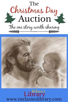 the christmas day auction flyer with a drawing of a man holding a baby