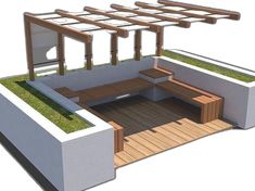 an outdoor seating area with wooden benches and grass growing on the roof, in front of a white wall