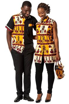 African Print women's shirt- Professional or casual wear- Classic collar- Slits on the sideMade with 100% Ankara fabric Couple Wardrobe, African Print Shirts For Men, African Shirts Designs, African Couple, Couples African Outfits, African Print Shirt, African Traditional Wear, Traditional African Clothing, Fabric Matching