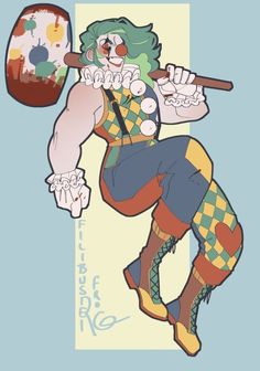 a drawing of a clown holding a baseball bat in his right hand and looking at the ground