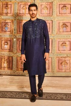 Dark blue full sleeves kurta crafted in dola silk with fleur cutdana embroidery on the yoke and mandarin collar neckline. Paired with a pant. - Aza Fashions Cutdana Embroidery, Kurta With Pants, Silk Embroidery, Full Sleeves, Pants Pattern, Mandarin Collar, Aza Fashion, Full Sleeve, Blue Man