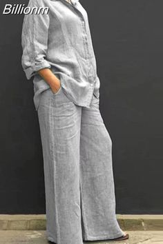 Billionm Spring Summer Women Linen Lapel Shirt Suit Retro Long Sleeve Button Blouse and Loose Straight Pant Fashion Lady 2 Pieces Set Streetwear Office, Linen Pants Suit, Long Linen Dress, Button Blouse, Fashion Lady, Linen Pants Women, Loose Outfit, Linen Women, Straight Pants