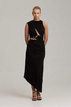 C/MEO Collective - Entropy Dress - Black – Fashion Bunker US Draped Midi Dresses, Chic And Elegant, High Neckline, Dress Codes, Asymmetric Hem, Dress Black, Black Fashion, Outfit Inspirations, Black Dress