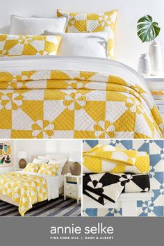 an image of a bed with yellow and white quilts