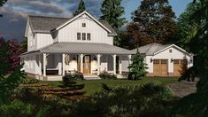 this is an artist's rendering of a house in the woods with trees and shrubs surrounding it