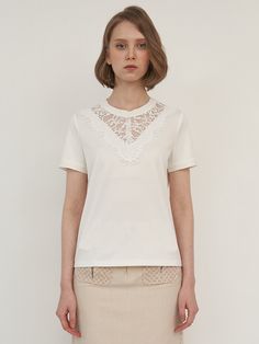 Editor's Notes This Flower Lace T-shirt is a feminine short-sleeved T-shirt with lace coloring on the neckline and features a naturally falling Scallop lace line. It provides a comfortable fit using a polyester mixed fabric with a soft touch. - Short sleeves- Lace coloring on the neckline- Naturally falling Scallop lace line- Polyester mixed fabric with a soft touch Measurements(in.)Size: Size (S/M)- Total Length: 22.83in. / 23.03in.- Shoulder: 14.17in. / 14.56in.- Chest: 17.71in. Spring Crew Neck T-shirt With Lace Top, Spring Lace Top T-shirt With Crew Neck, Spring T-shirt With Lace Trim And Crew Neck, Summer Lace Top T-shirt With Crew Neck, Summer Lace Top T-shirt, Summer Lace Top Short Sleeve T-shirt, Summer Short Sleeve T-shirt With Lace Top, Spring Cotton T-shirt With Lace Trim, Feminine Short Sleeve Lace Top With Lace Collar