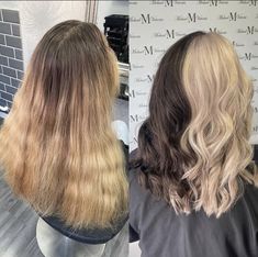 Blonde And Brown Hair Half, Horizontal Split Dyed Hair Brown And Blonde, Brown Blonde Split Dye, Half Blonde Half Brown, Half Brown Half Blonde Hair Split, Split Dye Hair Ideas, Underdye Hair