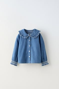 DENIM EMBROIDERED COLLAR SHIRT - Mid-blue | ZARA United States Pearl Clothing, Toddler Girl Fall, Bib Collar, Embroidered Collars, Outfit Shop, Cardigan Sweater Jacket, Baby Style, Embroidered Denim, Knitwear Cardigan