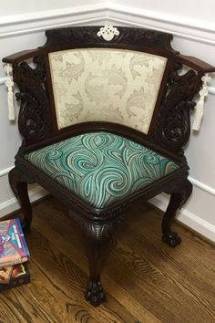 Bring history and artistry into your space with 'A Phish Called Wanda,' a fragile yet breathtaking corner chair. Its aquatic-themed fabrics, Moroccan silk medallion, and intricate carvings make it a statement piece for any room. Ideal for collectors and interior enthusiasts alike. #antiquechair #uniquefurniture #artistichomedecor #cornerchairstyle #aquaticdesign