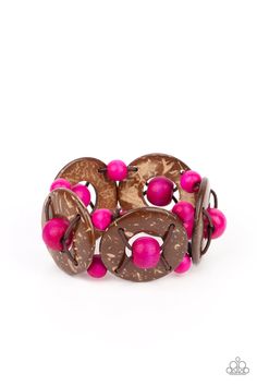 An oversized collection of pink wooden beads and distressed brown wooden discs are threaded along stretchy bands that decoratively weave around the wrist for a summery flair.

 Sold as one individual bracelet. Join Paparazzi, Paparazzi Accessories Jewelry, Island Adventure, Pink Jewels, Mobile Boutique, Easy Jewelry, Walking Barefoot, Brown Jewelry, Wooden Bracelet