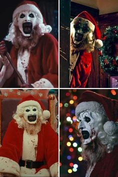 four pictures of scary clowns in christmas costumes