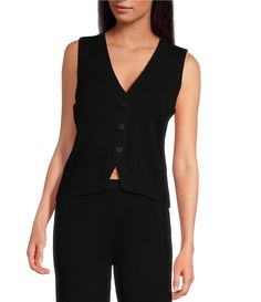 From Lucy Paris&#x2C; this vest features:Double knit fabricationV-necklineSleevelessButton front closureApprox. 20.25" lengthRayon/polyester/nylonHand washImported. Knit V Neck, California Cool, Double Knit, Dillard's, Double Knitting, Fashion Forward, Jackets & Coats, V Neck, Paris