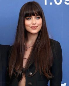 Long Bob With Bangs And Highlights, Medium Dark Hair With Bangs, Dark Brunette Hair With Bangs, Long Whispie Bangs, Dark Chocolate Brown Hair With Bangs, Dakota Johnson Hair Color, Bangs 2023, Dark Hair Bangs, Dakota Johnson Bangs