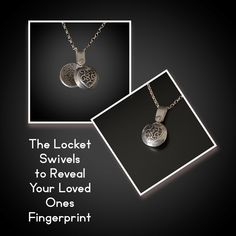 "At first glance, your admirers' will appreciate the elegance and unique style of this necklace.   Only you will know just how special it is until you reveal the fingerprint of your loved one that waits inside. Two separate sterling silver domed disks fit nicely together to create this one of a kind necklace. Charm is approximately 5/8\", Riveted bail is approximately 3/8\" for an overall length of 1\". The unique riveted bail allows the disks to swing from side to side. The front disk is adorne Elegant Etched Necklaces For Memorial, Fingerprint Necklace, Necklace Charm, Memorial Jewelry, Stylish Gifts, White Metal, Accessories Bracelets, Fine Silver, Ring Necklace