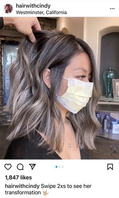 Asian Blonde To Brown, Hair Color Idea For Asian, Grey Brunette Hair Balayage, Ombre Hair Color For Asian Hair, Asian With Short Blonde Hair, Brown And Grey Balayage Hair, Short Hair Balayage Ash Blonde, Blonde Foilayage Hair With Shadow Root, Blonde Highlights For Asian Hair