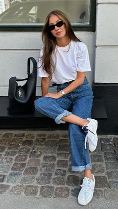 Felicia Åkerström on Klarna: | Klarna Global Felicia Truedsson, The Feminine Fancy Felicia, Felicia Shirt, Prada Sandals, White Running Shoes, Sandals Outfit, Miu Miu, Running Shoes, Casual Looks