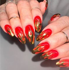 Red Chrome Flame Nails, Red Flame Nails Short, Lipstick Nails Shape Design, Bright Red Nail Designs, Orange Flame Nails, Red Flame Nails, Flame Nail Designs, Red And Gold Nail Designs, Lips Nail Art