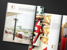 an open magazine with pictures of furniture on the cover and inside pages showing different colors