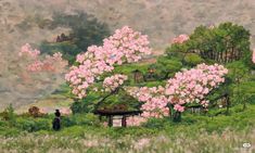 a painting of a person standing in front of a tree with pink flowers on it