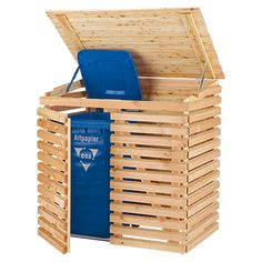 a large wooden box with a blue plastic trash can in it and the lid open