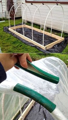 two pictures showing how to make a garden bed out of an old window pane