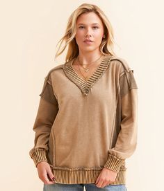 BKE Washed Raw Edge Pullover - Brown X-Large, Women's Washedtan Pieced French terry oversized v-neck pullover Ribbed trim Bust measures 48 on size small Body length 25 on size small. Self/Contrast: 53% Cotton 47% Polyester. Contrast 2: 100% Cotton. Hand wash cold. Lay flat to dry. Do not bleach. Do not iron. Do not dry clean. Apparel & Accessories > Clothing > Shirts & Tops Cozy V-neck Sweatshirt For Fall, Cozy V-neck Sweatshirt With Ribbed Cuffs, Fall V-neck Sweatshirt With Ribbed Cuffs, Oversized V-neck Sweatshirt For Layering, Women's Sweatshirts, Accessories Clothing, Women Pullover, Raw Edge, French Terry