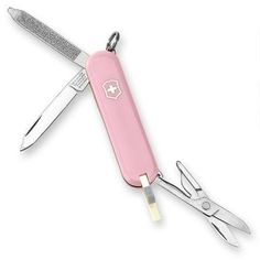 a swiss army knife with pink handle and sheath on the blade is shown in front of a white background