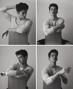 four different shots of a young man with his arms crossed and looking at the camera