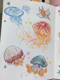 an open children's book with drawings of jellyfish and other sea creatures on it