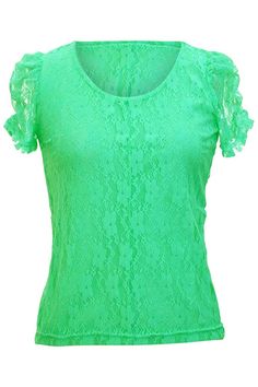 Junior Cut Fully Lined Lace Top With Scoop Neckline Short Sleeve Lace Blouse, Mint Green Blouses, Green Lace Top, Mint Green Shorts, Mint Green Tops, Ruffle Sleeve Blouse, Blouse Long Sleeve, Flutter Sleeve Top, Scoop Neck Top