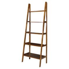 a wooden ladder shelf with measurements for the top and bottom shelves on each side,