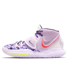 the nike kd basketball shoe is shown in white and purple, with an orange accent