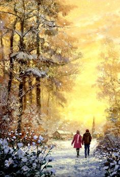 two people walking down a snow covered path