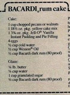 the recipe for bacardi rum cake is shown