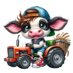 a cartoon cow is driving a tractor with a hat on it's head and wearing a baseball cap