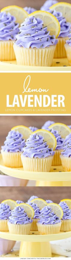 lemon lavender cupcakes on a yellow cake plate with the title overlaying