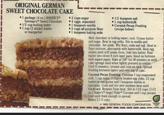 a piece of cake with chocolate icing and nuts on top is shown in an advertisement for the original german sweet chocolate cake