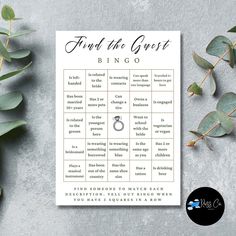 a printable wedding game with the words, find the guest and ring on it