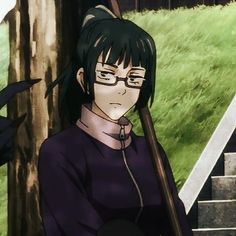 an anime character with glasses holding a stick in front of some stairs and grass on the ground