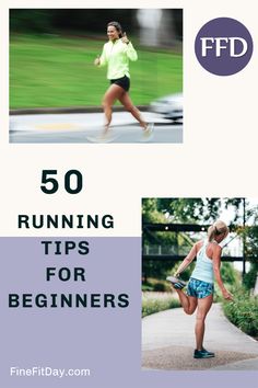 a woman running with the words 50 running tips for beginners on it and an image of