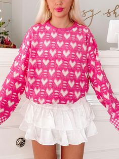 Endless Love Pink Heart Sweater | sassyshortcake.com | Sassy Shortcake Pink Heart Sweater, Sassy Shortcake, Preppy Tops, Love Sweater, College Fits, Trendy Outfits For Teens, White Hearts, Pink Round, Random Ideas