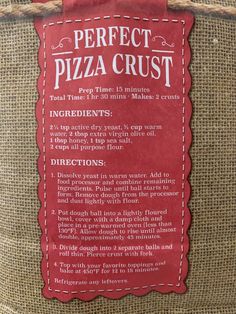 the perfect pizza crust is in a jute bag with a red label on it