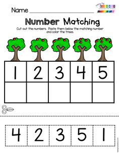 the number matching worksheet for numbers 1 - 5 with trees and leaves on it