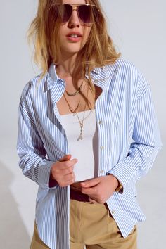 Q2 Blue Striped Button Up Blouse Blue Striped Blouse Outfit, Blue Stripes Outfit, Linen Shirt Outfit Women, Striped Blouse Outfit, Sleeve Shirt Outfit, Linen Shirt Outfit, Vertical Striped Shirt, French Clothing, Blue Striped Blouse