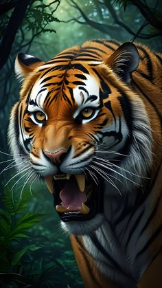 a tiger with its mouth open in the jungle